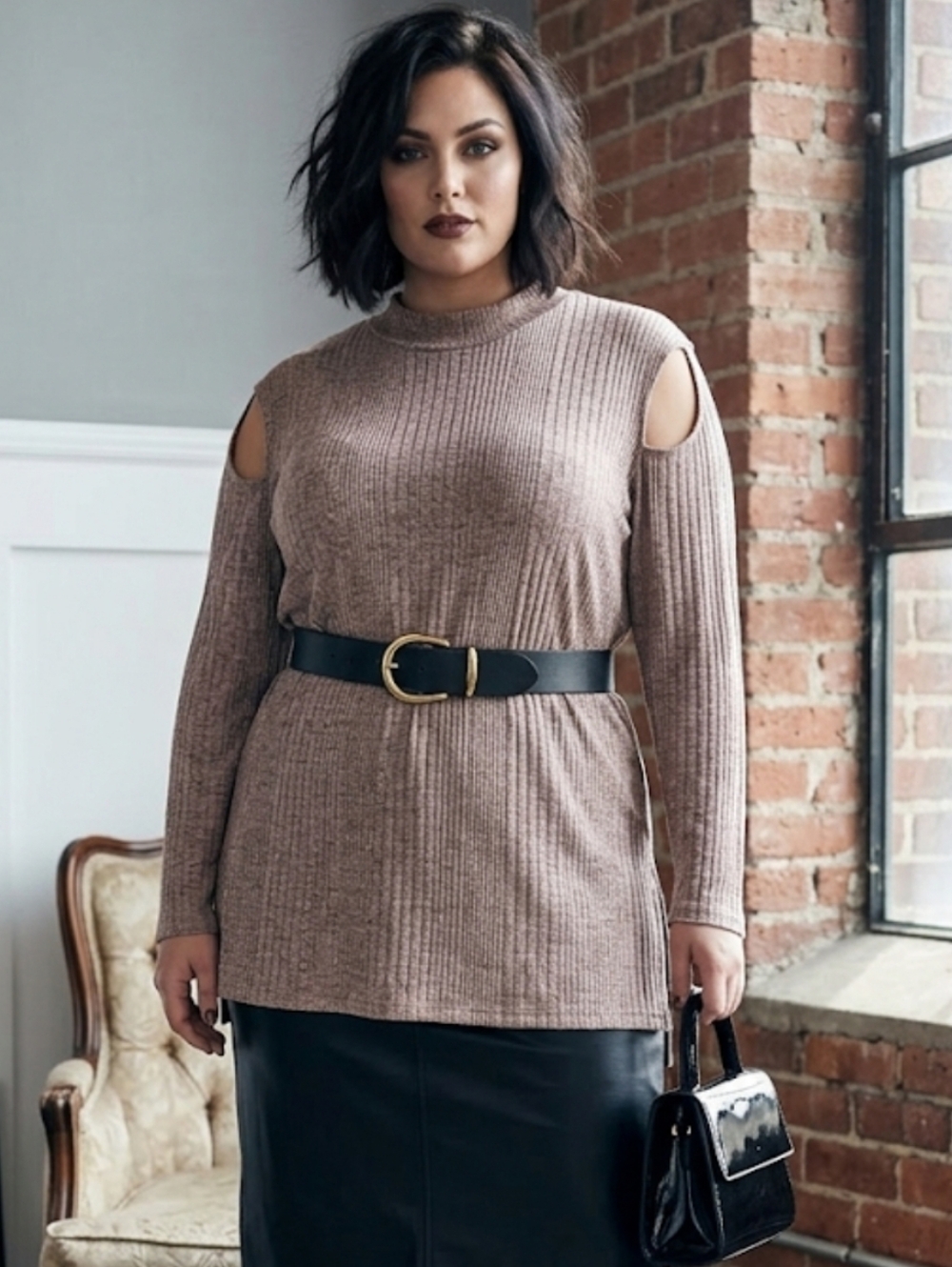 Signature Collection Ribbed Cold-Shoulder Tunic - Chic Trendy Plus Size Top, 3X